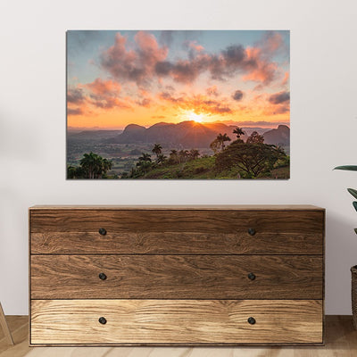 Green Grass Field & Sunset View Print On Canvas Wall Painting