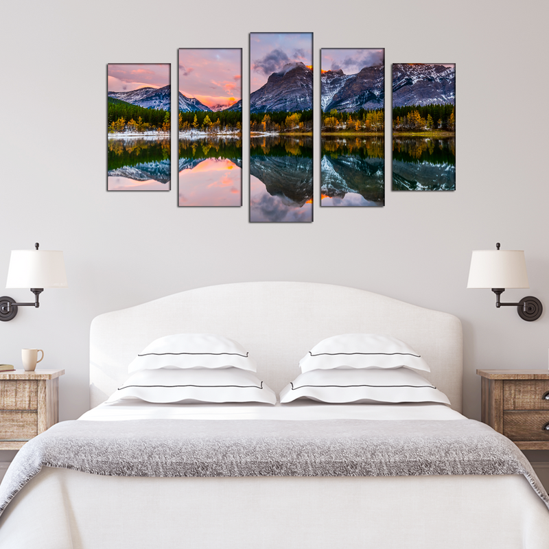 Colorful Weather Mountain View Canvas Wall Painting- With 5 Frames
