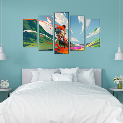 Boy Riding A Bicycle With Energy Canvas Wall Painting- With 5 Frames