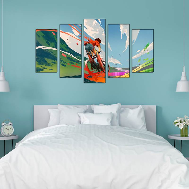 Boy Riding A Bicycle With Energy Canvas Wall Painting- With 5 Frames