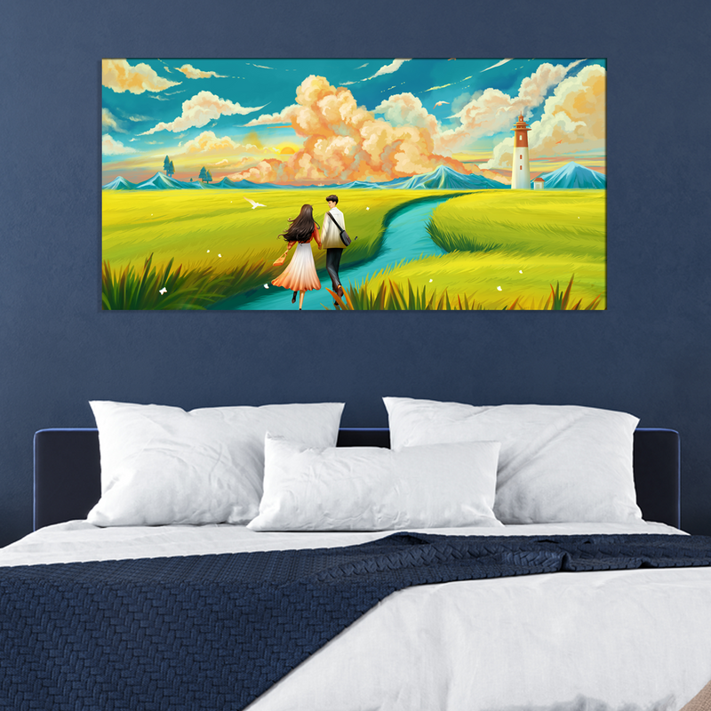 Lovers are running in a wheat field Canvas Print Wall Painting