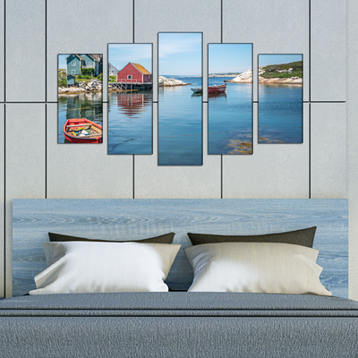 Boats & House Scenery Canvas Wall Painting- With 5 Frames