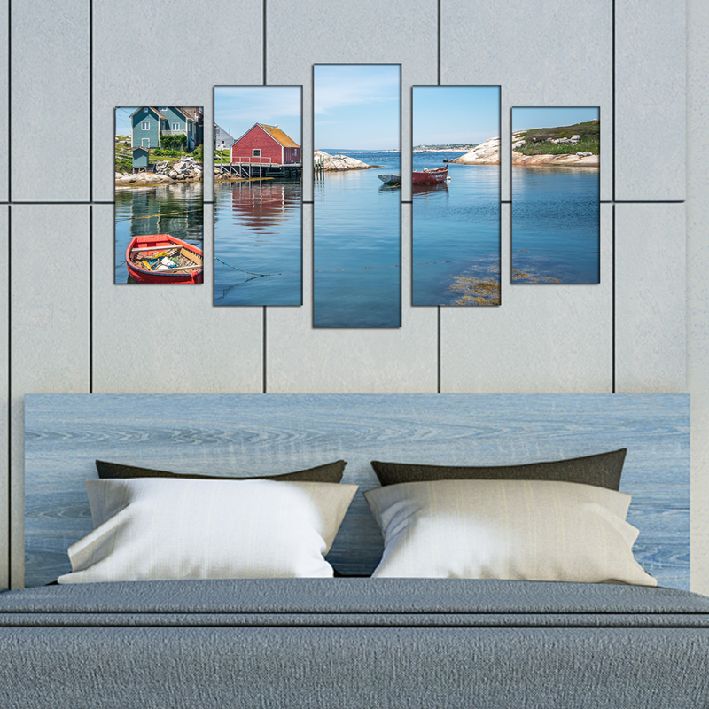 Boats & House Scenery Canvas Wall Painting- With 5 Frames