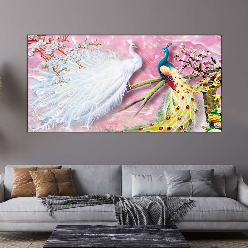 Beautiful White & Colored Peacock Canvas Wall Painting