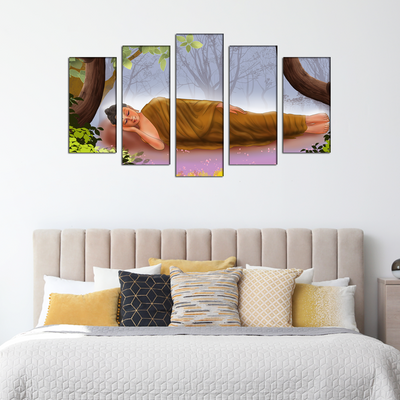 Gautama Buddha While Sleeping Illustration Canvas Wall Painting- With 5 Frames