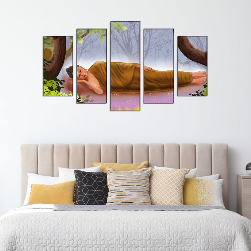 Gautama Buddha While Sleeping Illustration Canvas Wall Painting- With 5 Frames