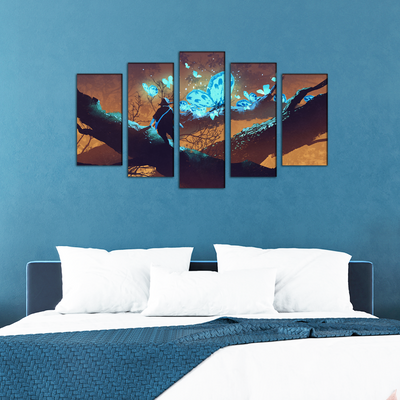 Man Looking at Blue Butterflies Canvas Wall Painting- With 5 Frames