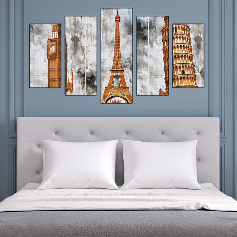 Eiffel Tower, Big Ben And Tower Of Pizzal Canvas Wall Painting- With 5 Frames
