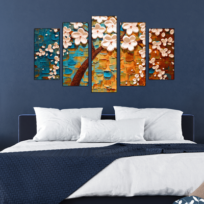 3-D Flower Abstract Wood Framed Canvas Wall Painting- With 5 Frames