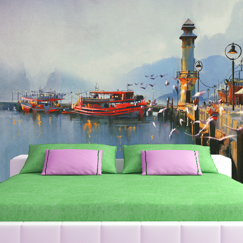 Fishing Boats In Harbor Digitally Printed Wallpaper
