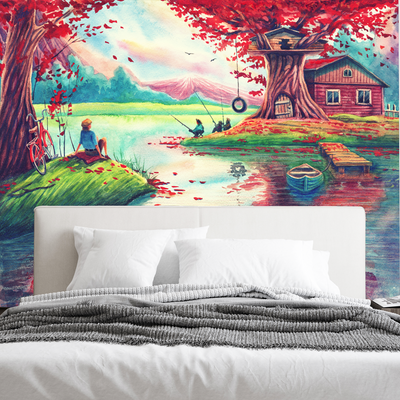 Oil Painting Village Scenery Digitally Printed Wallpaper