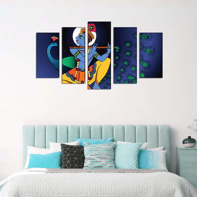 Lord Krishna Modern Art Canvas Wall Painting- With 5 Frames