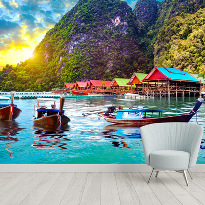 Beautiful Mountain & Boat Sunset Scenery Digitally Printed Wallpaper