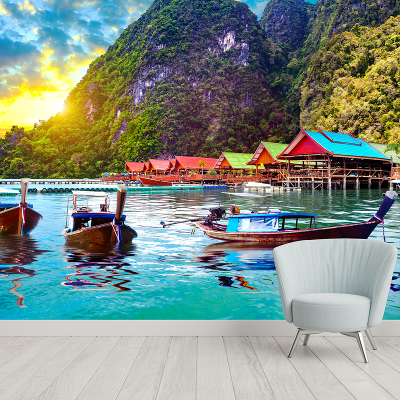 Beautiful Mountain & Boat Sunset Scenery Digitally Printed Wallpaper