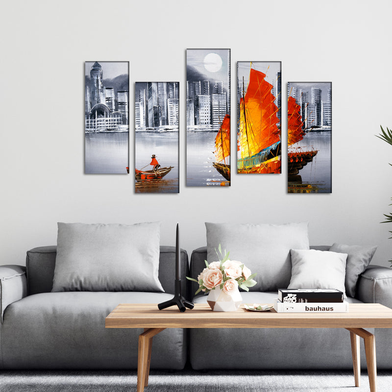 Colorful Boat In Grey Background Canvas Wall Painting - With 5 Frames