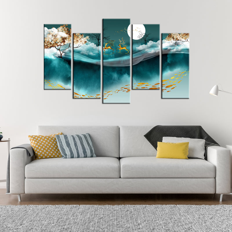 Deer and Moon Canvas Panel Wall Painting - 5 Frames