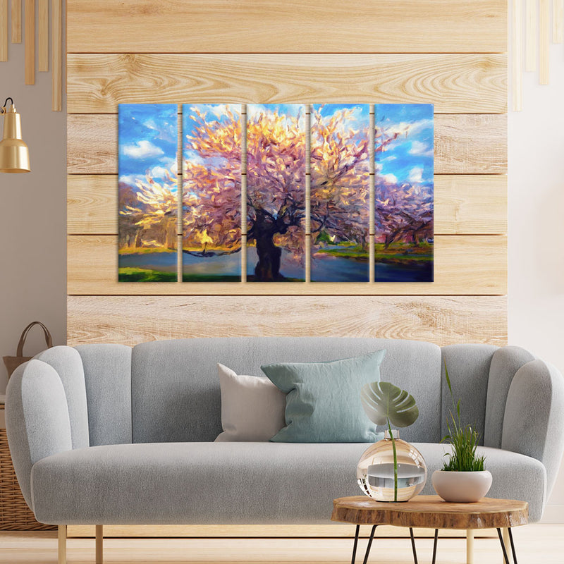 Abstract Colorful Rainbow Tree Canvas Wall Painting - With 5 Panel