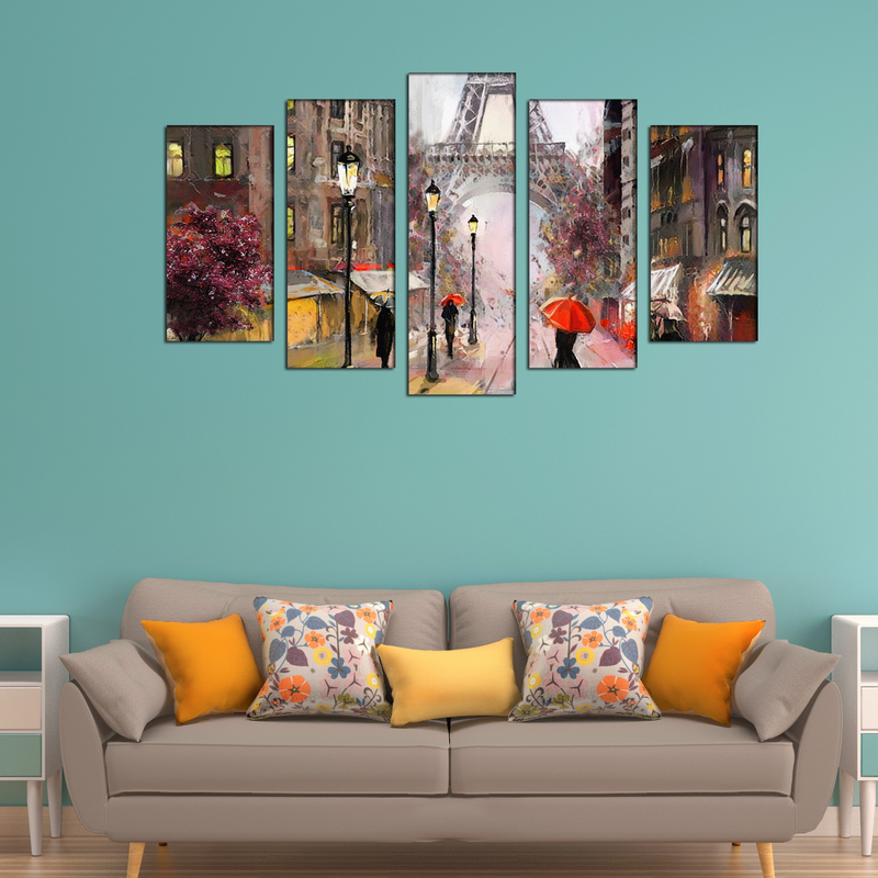 Artistic Color Eiffel Tower Scenery Canvas Panel Wall Painting - With 5 Frames
