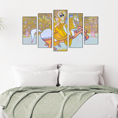 King and Queen Riding Horse Canvas Wall Painting- With 5 Frames