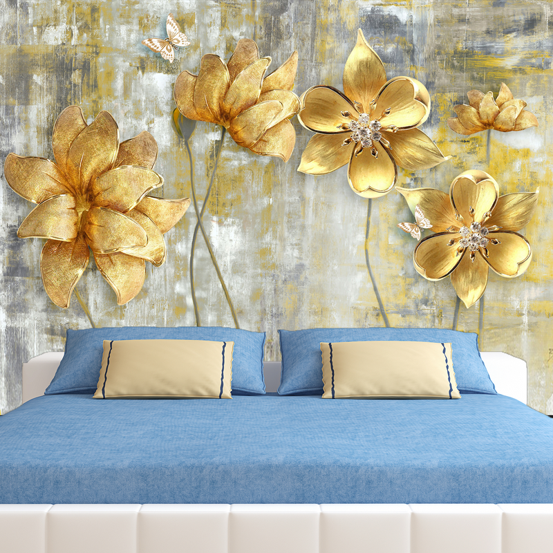 Golden Flower Digitally Printed Wallpaper