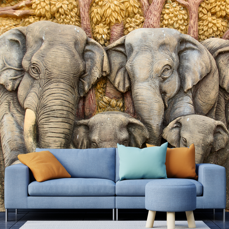 Elephant With Family Digitally Printed Wallpaper