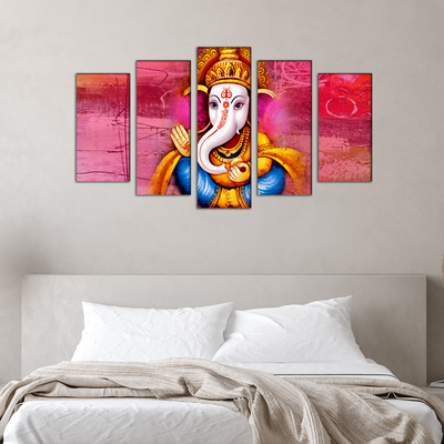 Lord Ganesha With Red Background Canvas Wall Painting- With 5 Frames