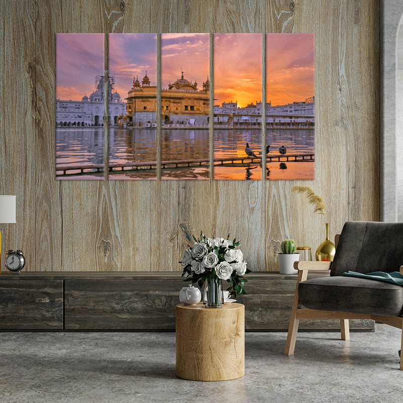 Golden Temple Sunset View Canvas Wall Painting - With 5 Panel