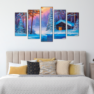 Cold Winter Sunrise Scenery Canvas Wall Painting- With 5 Frames