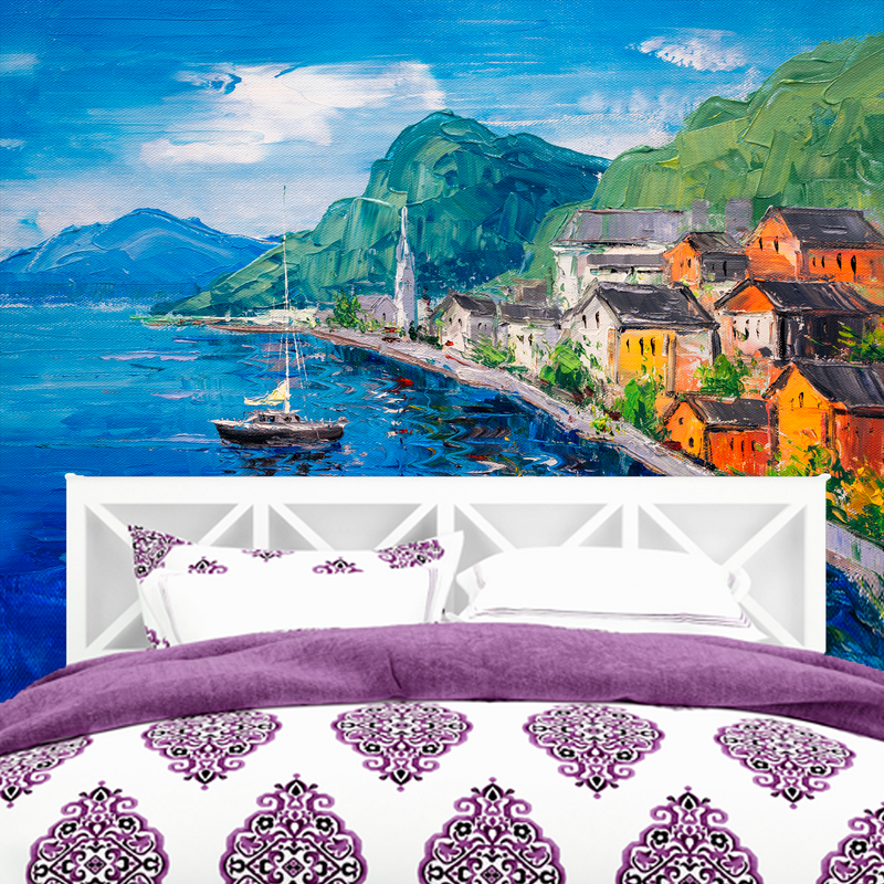 Mountains Near Blue Lake Artistic Scenery Digitally Printed Wallpaper