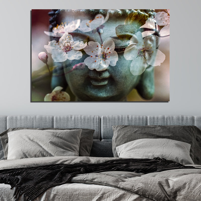 Buddha Face With White Flower Canvas Wall Painting