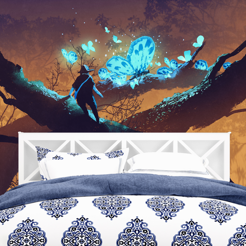 Man looking at Blue Butterflies Digitally Printed Wallpaper