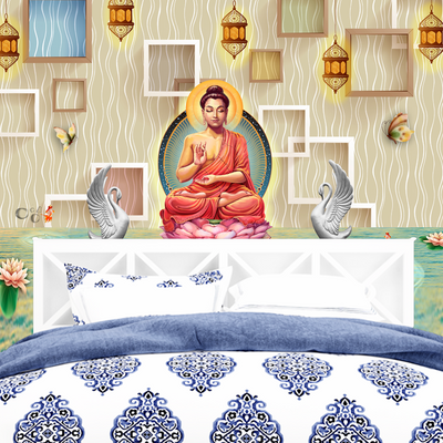 Buddha On Lotus With Swans Painting Non Ovens Wallpapers