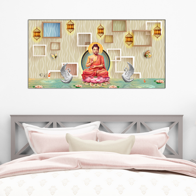 Buddha On Lotus With Swans Canvas Wall Painting