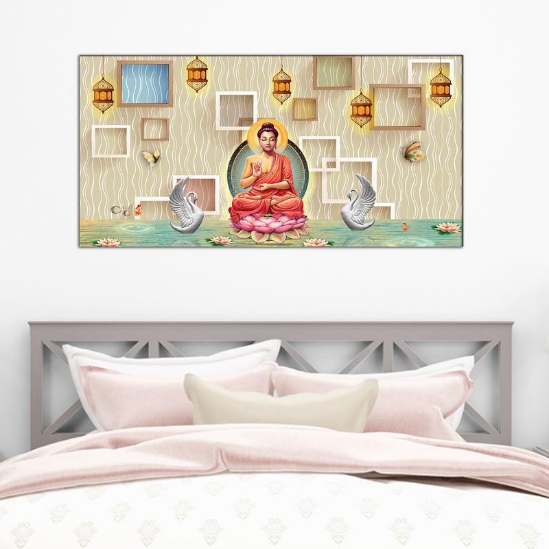 Buddha On Lotus With Swans Canvas Wall Painting