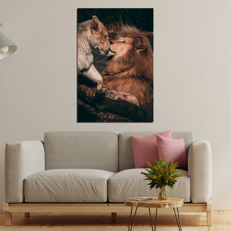 Lion Couple Kissing scene in forest On Canvas Wall Painting