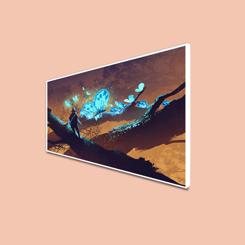 Man Looking at Blue Butterflies Canvas Floating Frame Painting