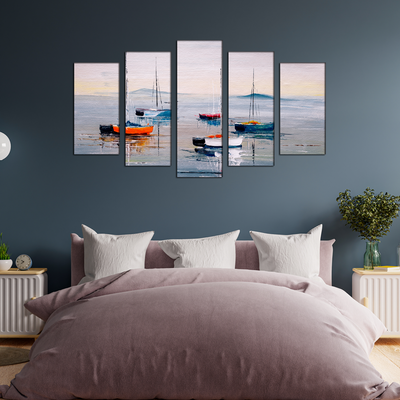 Acrylic Color Boat Abstract Canvas Wall Painting- With 5 Frames