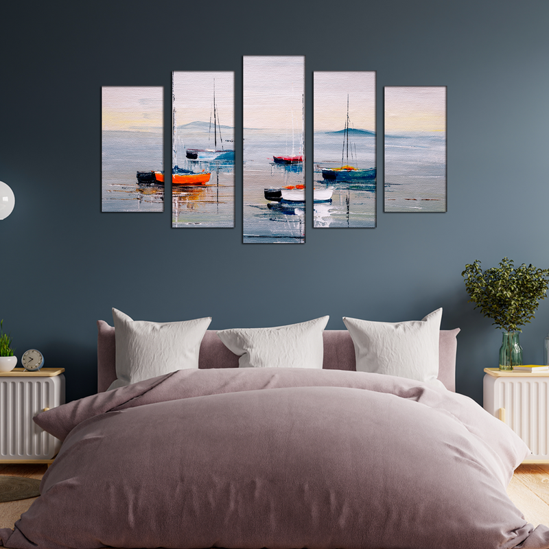Acrylic Color Boat Abstract Canvas Wall Painting- With 5 Frames