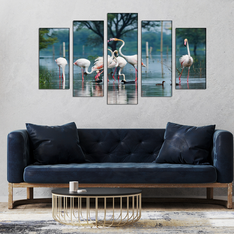 Flamingo Birds Canvas Panel Wall Painting - With 5 Frames