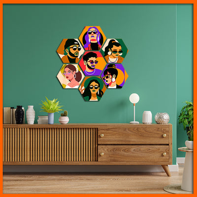 Beautiful Human Illustrative Face Hexagonal Canvas Wall Painting - 7pcs