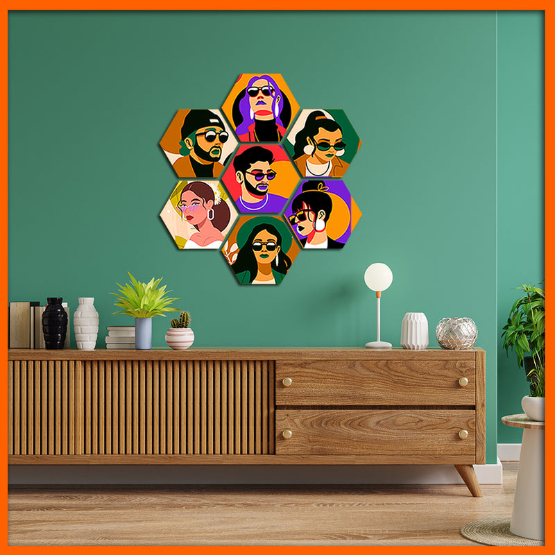 Beautiful Human Illustrative Face Hexagonal Canvas Wall Painting - 7pcs