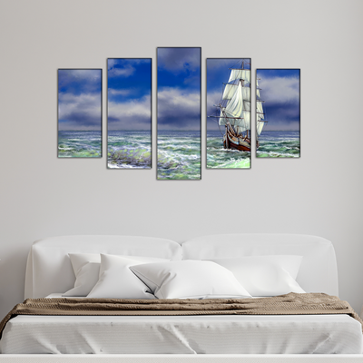 Old Ship On The Sea Canvas Wall Painting- With 5 Frames