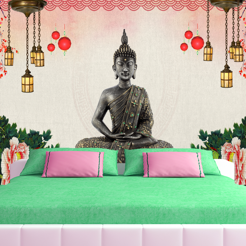 Buddha With Decorative Background Digitally Printed Wallpaper