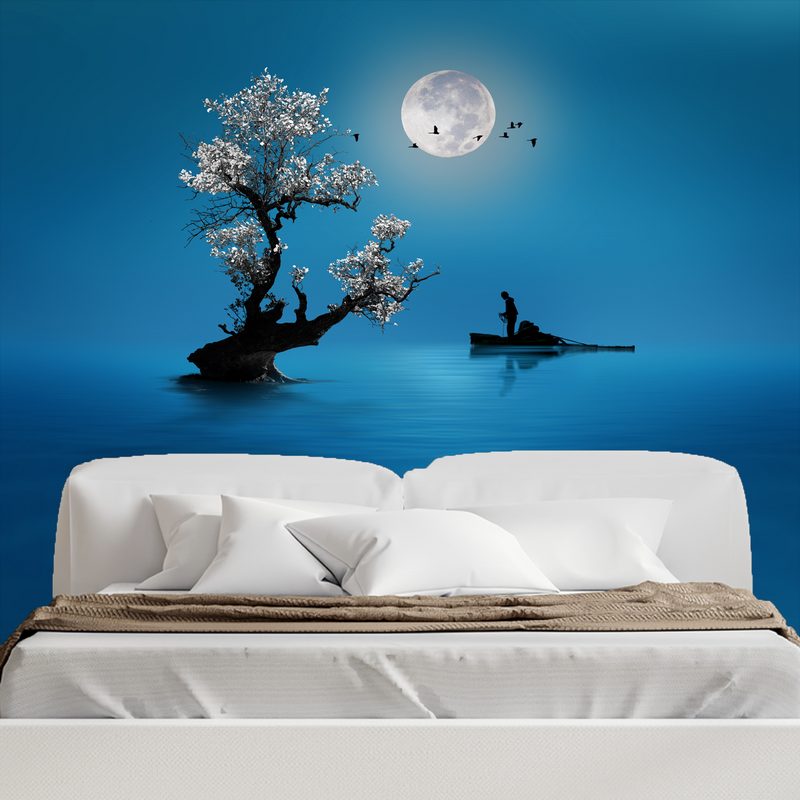 Fishing Under The Moon Light Digitally Printed Wallpaper