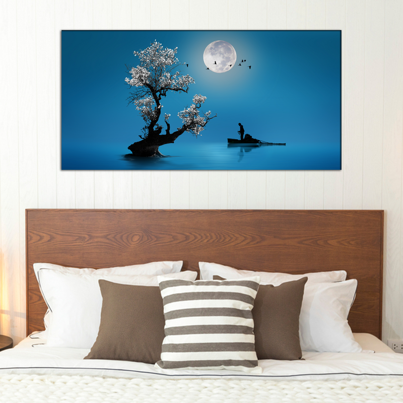 Fishing Under The Moon Light Canvas Wall Painting