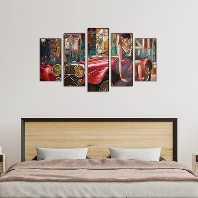 Girl With Car Abstract Wood Framed Canvas Wall Painting- With 5 Frames