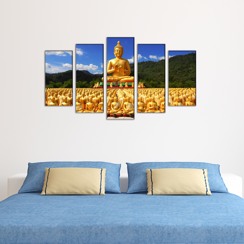 Golden Buddha With Nature Canvas Wall Painting- With 5 Frames