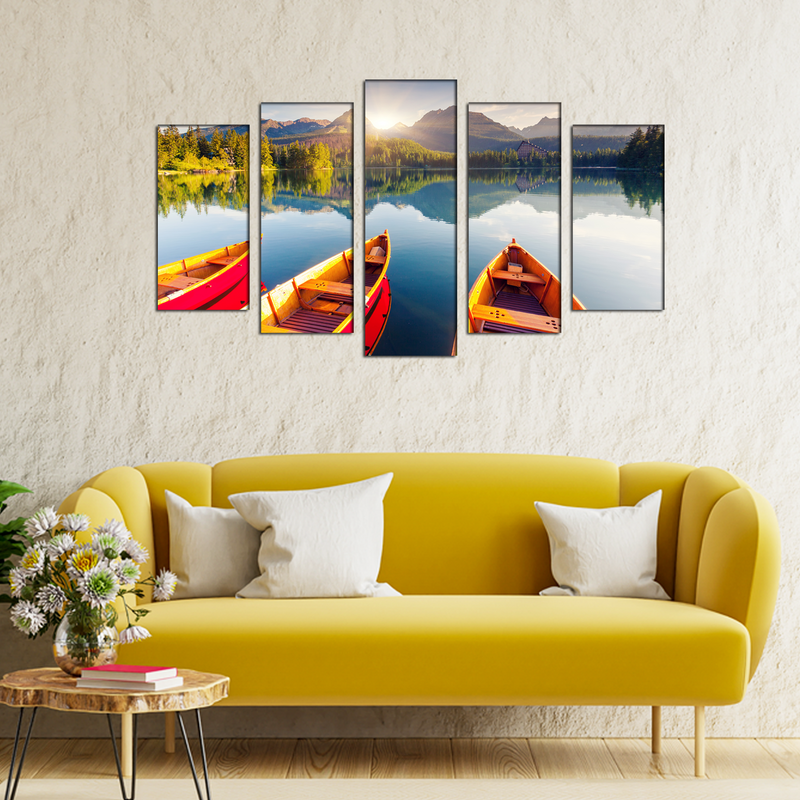 Mountain Lake Canvas Wall Painting- With 5 Frames