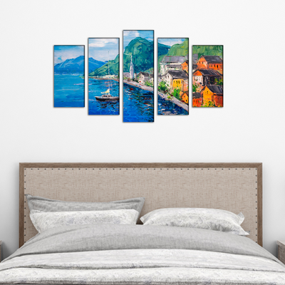 Mountains Near Blue Lake Artistic Scenery Canvas Wall Painting- With 5 Frames