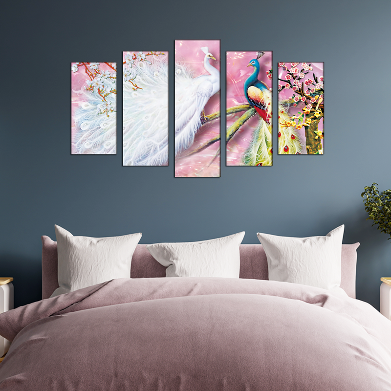 Beautiful white & Colored Peacock Canvas Wall Painting- With 5 Frames